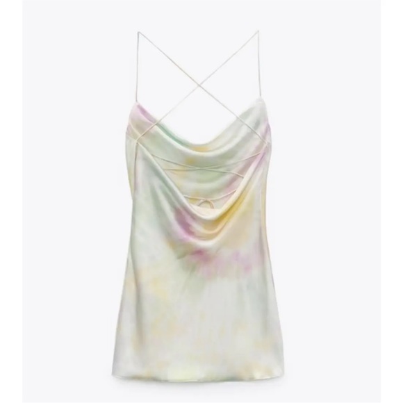 Zara Printed Watercolor Satin Tie Dye Mini Cowl Neck Dress Cream Pink XS NWT - Picture 8 of 16